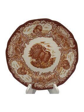 R and M Staffordshire VTG Transfer Turkey 10 Inch Dinner Plates Reddish Brown